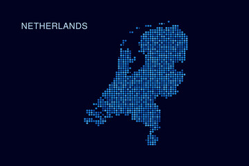 Fototapeta premium Netherlands Map - Blue Dotted Halftone Vector Illustration on Dark Navy Background, Abstract Circle Grid Silhouette Design for Infographic and Modern Presentation Use.