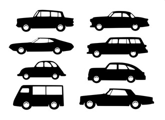 Fototapeta premium Decorative vintage car silhouette sculpture design, antique automobile profile, flat black metal look, white isolated backdrop, high detail wheel spokes, minimalistic art style