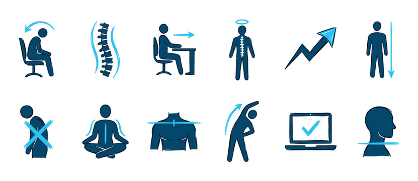 Set of hand-drawn posture correction icons showing correct and incorrect sitting, spine alignment, stretching, and ergonomic tips for office work in a blue and black doodle style