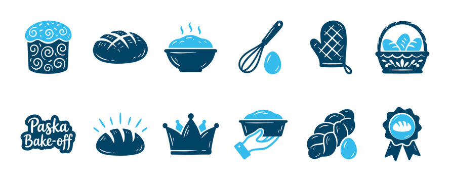 Collection of rustic blue baking illustrations for an Easter bake-off, showing paska bread, a challah loaf, cooking utensils, a crown, and a first prize award ribbon