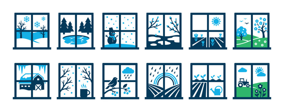 Set of twelve seasonal icons showing different weather and nature scenes through a window frame, including winter snow, spring rain, and summer sun in a flat vector style