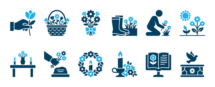 Funeral and memorial service icon set with various symbols of remembrance like flowers, candles, wreaths, and doves for commemorating a loved one's passing
