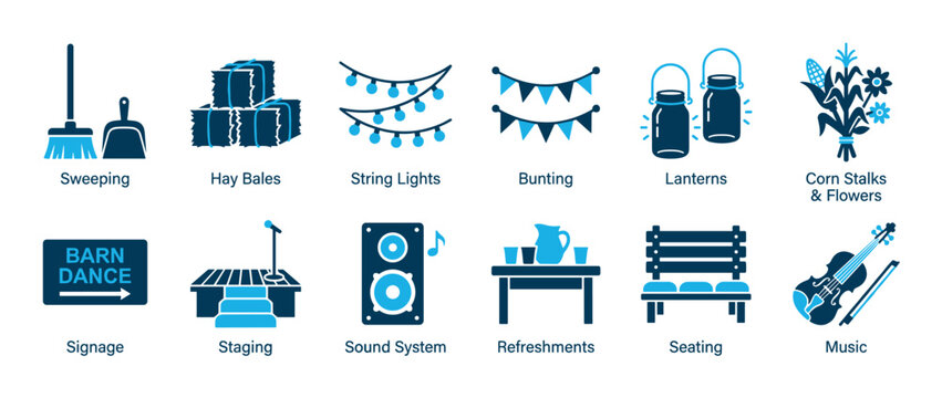 Collection of twelve blue barn dance icons showing event elements like hay bales, string lights, music, and seating for a country party or celebration infographic