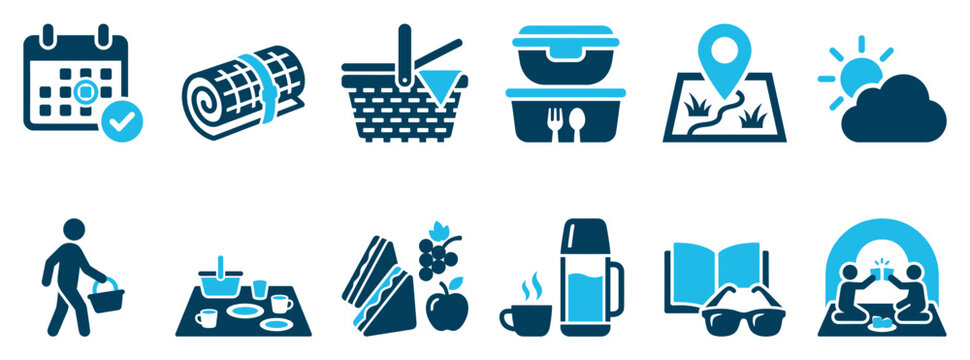 Collection of blue picnic icons representing outdoor leisure, including a basket, blanket, food containers, map, and calendar for planning a summer outing or weekend getaway