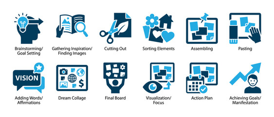 Fototapeta premium Set of blue vision board icons showing the step-by-step process of goal setting, brainstorming, visualization, and manifestation for personal development and success