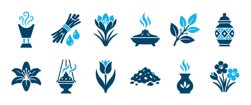 Set of blue two-tone icons representing aromatherapy, incense, perfume, and natural ingredients like flowers, resin, and essential oils in a flat vector graphic style