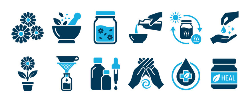 Set of blue herbal medicine icons showing the preparation of natural remedies with a mortar, pestle, dropper, flowers, and bottles for aromatherapy, homeopathy, and skincare