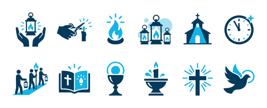 Christian religious icon set with various symbols of faith including a church, bible, cross, chalice, dove, and lantern in a flat two-color vector illustration style