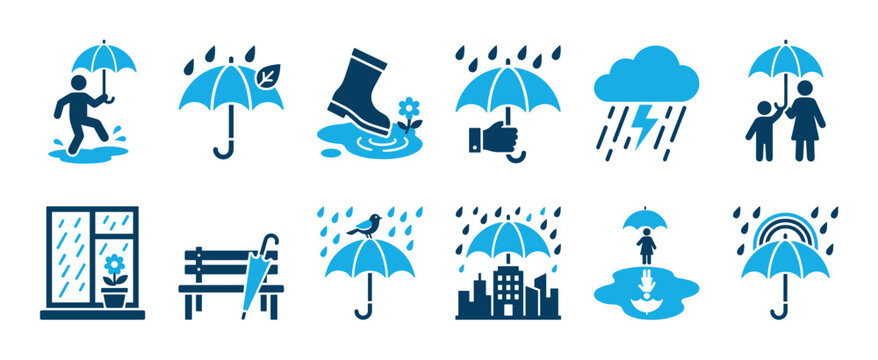 Collection of blue rainy weather icons depicting autumn season concepts like umbrellas, puddles, storms, and people in a simple flat vector glyph style for forecast applications