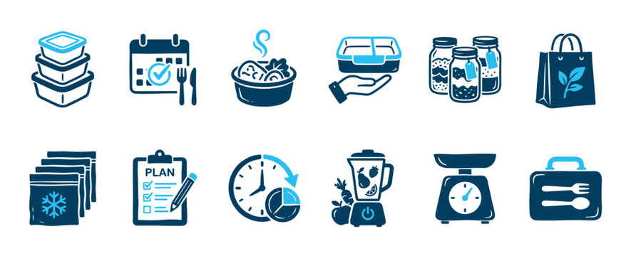 Meal prep and healthy eating icon set with various glyphs for planning, cooking, storage, and portion control, illustrated in a simple two-tone blue color scheme