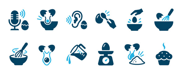 Fototapeta premium Twelve blue baking and cooking icons illustrate various kitchen processes, from cracking eggs and measuring ingredients to mixing batter and baking a delicious cupcake