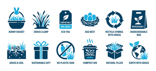 Collection of eco-friendly grass-themed icons depicting sustainability, recycling, composting, and natural elements, rendered in a clean, modern two-tone blue graphic style