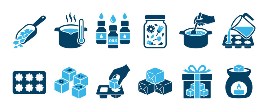 Wax melt and candle making icon set showing the DIY crafting process with essential oils, botanicals, and pouring into molds for home fragrance and aromatherapy in a flat vector style