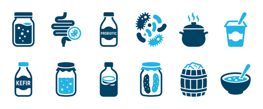Comprehensive set of blue icons depicting various fermented foods and probiotics, including kefir, yogurt, pickles, and gut bacteria, presented in a clean, modern style