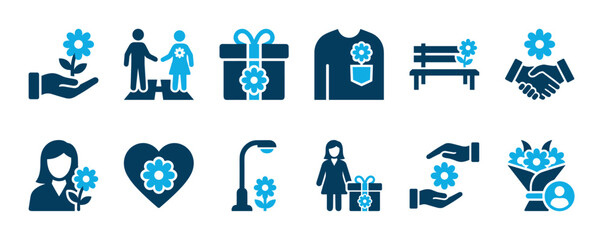 Collection of blue flower-themed icons illustrating concepts of giving, love, nature, and community, presented in a clean, flat graphic style