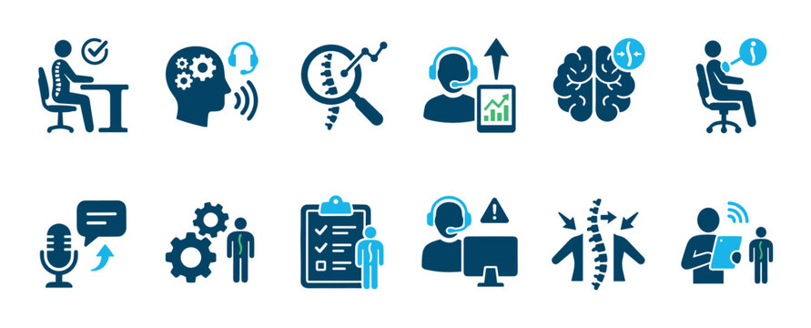 Set of blue and dark blue icons illustrating office ergonomics, correct sitting posture, spine health, customer service, and modern workplace communication technology
