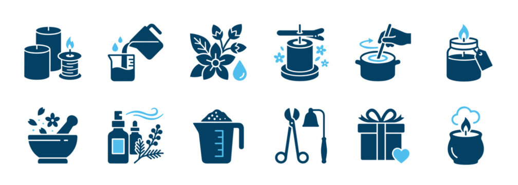 Candle making glyph icon set with tools and ingredients for a handmade hobby, including wax, wicks, scents, and gift packaging for aromatherapy and home decoration