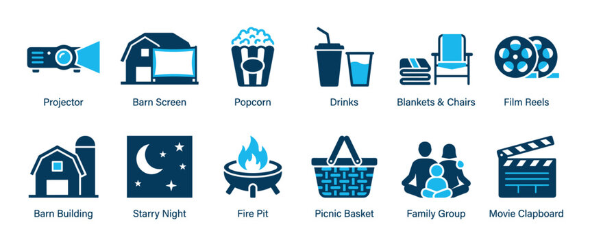 Collection of blue glyph icons representing an outdoor movie night, including a projector, popcorn, barn screen, fire pit, film reel, and other backyard cinema symbols