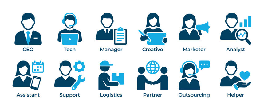 Set of blue business role icons representing various corporate positions and functions like CEO, manager, and analyst, designed in a simple flat vector style for presentations
