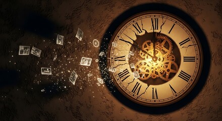 Obraz premium Time's relentless march breaks the clock, scattering memories like dust, a powerful metaphor for passing moments and the ephemeral nature of existence