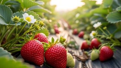 Ripe Strawberries Growing in a Field.