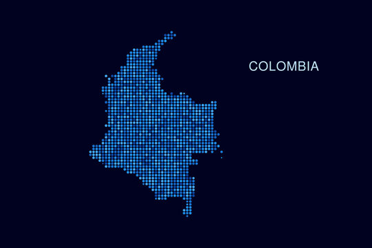 Colombia Map - Blue Dotted Halftone Vector Illustration on Dark Navy Background, Abstract Circle Grid Silhouette Design for Infographic and Modern Presentation Use.