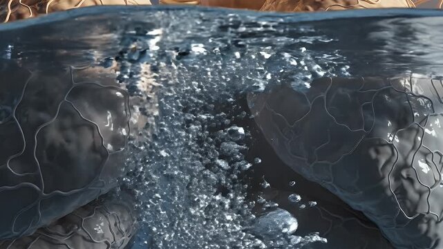 Close up microscopic view of alveoli in lungs with capillaries network in water for respiratory health concept