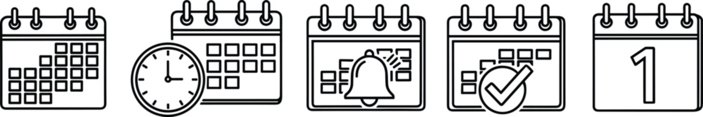 Set of five black line calendar icons with clock, bell, checkmark and date symbols for time management and scheduling web interfaces. © Khademul