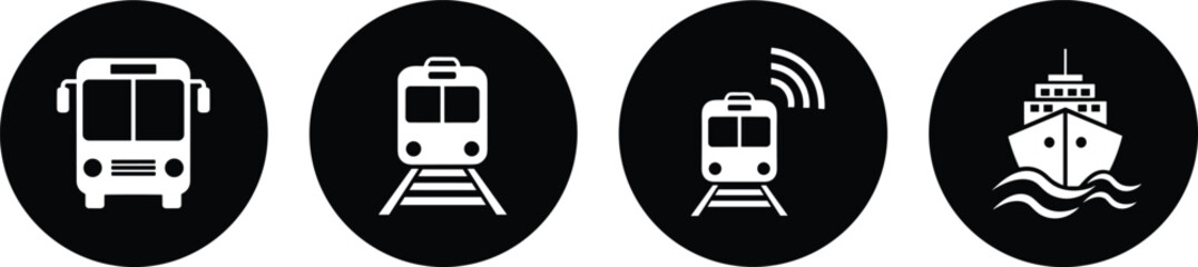 Set of four white public transportation icons on black circles featuring a bus, train on tracks, wireless commuter train, and ship on waves. © Khademul