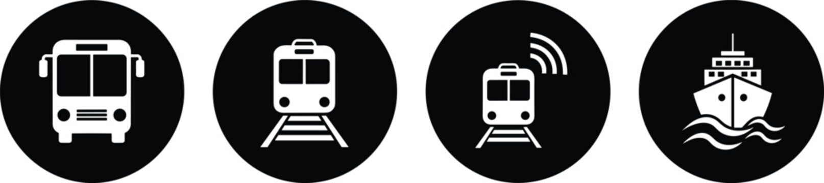 Set of four white public transportation icons on black circles featuring a bus, train on tracks, wireless commuter train, and ship on waves.