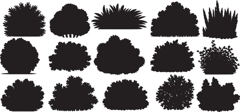 shrub and grass silhouettes bundle, shrubs and plants, black vector icons, landscape borders, garden design elements, vector illustration