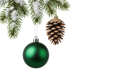 deep forest green matte christmas ball and snowy pinecone hanging from a detailed fir branch on a bright white background with copy space. Elegant minimalist holiday concept