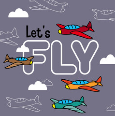 playful cartoon airplanes soaring sky let's fly drawing children illustration