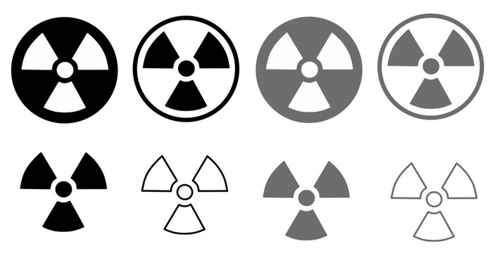 Radioactive hazard symbols on a white background, isolated vector icons representing nuclear radiation and danger