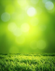 Fototapeta premium Fresh green grass in sharp focus with soft bokeh light background, creating a bright, natural, and serene outdoor atmosphere