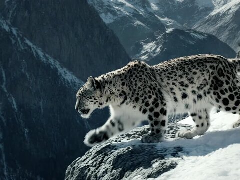 Mountain Peak. Animal Habitats Around the World. Mountain Habitat. A snow leopard walking stealthily across a rocky mountain cliff, set in a high-altitude Himalayan mountain range with snowy peaks
