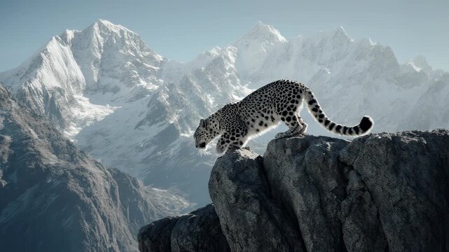 Mountain Peak. Animal Habitats Around the World. Mountain Habitat. A snow leopard walking stealthily across a rocky mountain cliff, set in a high-altitude Himalayan mountain range with snowy peaks
