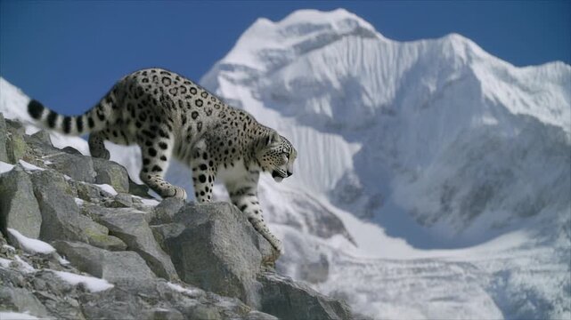 Mountain Peak. Animal Habitats Around the World. Mountain Habitat. A snow leopard walking stealthily across a rocky mountain cliff, set in a high-altitude Himalayan mountain range with snowy peaks
