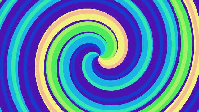 Vibrant psychedelic spiral vortex with swirling stripes of purple, blue, cyan, green, and yellow in a mesmerizing hypnotic pattern.