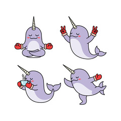Cartoon narwhals showing different emotions and actions in a playful style © Rahima