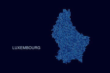 Obraz premium Luxembourg Map - Blue Dotted Halftone Vector Illustration on Dark Navy Background, Abstract Circle Grid Silhouette Design for Infographic and Modern Presentation Use.