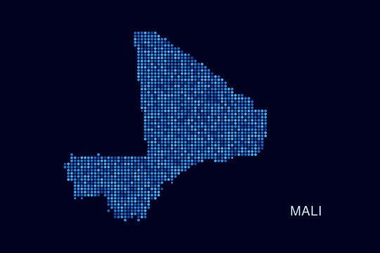 Mali Map - Blue Dotted Halftone Vector Illustration on Dark Navy Background, Abstract Circle Grid Silhouette Design for Infographic and Modern Presentation Use.