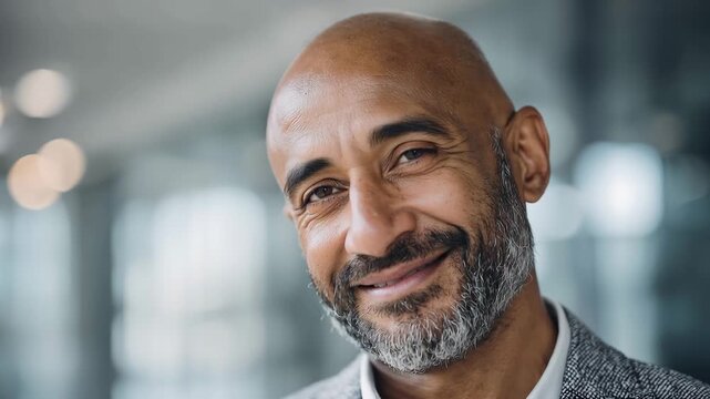 Ultra HD Confident Bald South Asian Executive Smiling in Modern Office Setting Video