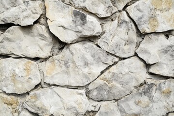 Fototapeta premium Light gray stone wall with uneven surface and rough texture in outdoor setting during daylight hours