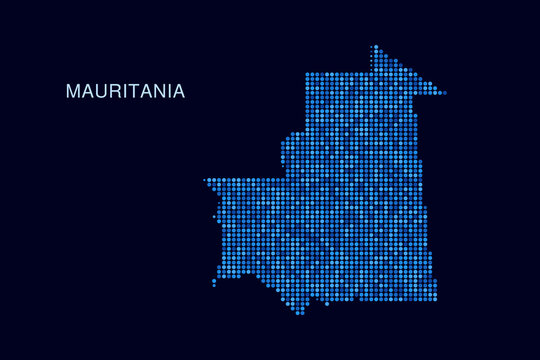 Mauritania Map - Blue Dotted Halftone Vector Illustration on Dark Navy Background, Abstract Circle Grid Silhouette Design for Infographic and Modern Presentation Use.