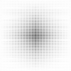 Halftone vector pattern of black stars gradually decreasing in size from the center to the edge. Lattice gradient transition. Particles disintegrating radially.