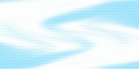 Obraz premium Abstract light blue halftone background with flowing wave shape made of hexagon and dot patterns on a clean white backdrop.