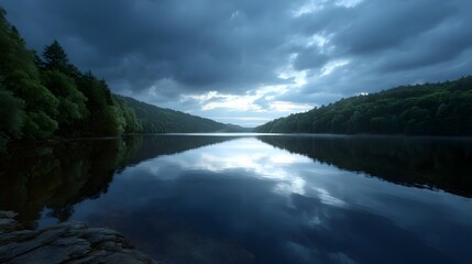 Fototapeta premium A dramatic sky with dark clouds casts a moody light over a tranquil vast lake its still water perfectly mirroring the serene landscape and