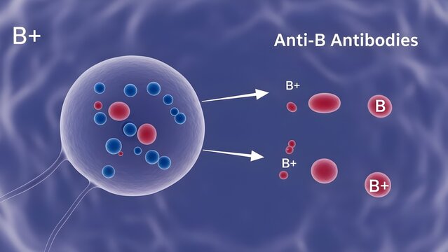 Diagram of B positive blood type showing red cells with B antigens exposed to anti‑B antibodies, leading to clumping of mismatched B+ cells, illustrating immune recognition, agglutination and transfus