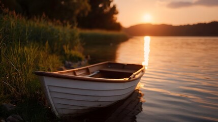 Obraz premium A tranquil rowboat rests by the grassy shore of a lake at sunset bathed in warm golden light